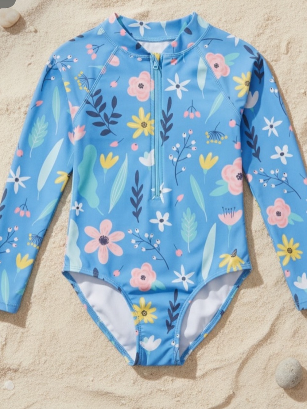 Girls' Floral Long-Sleeve One-Piece Swimsuit - Blue
